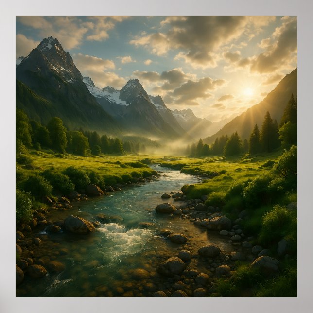 Peaceful Mountain River Landscape Nature Poster Wa (Frente)