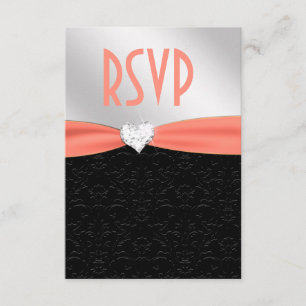 Peach Black Floral Damask Diamond Heart RSVP