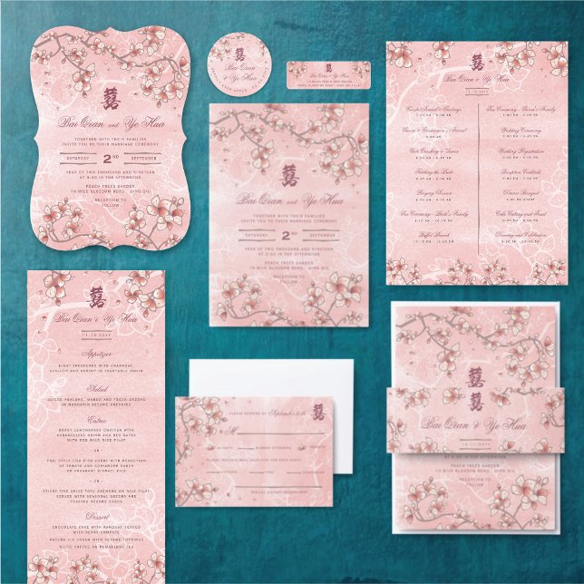 Peach Blossoms Double Xi China WedProgramme (ETERNAL LOVE PINK PEACH/PLUM BLOSSOMS ELEGANT FLORAL CHINESE WEDDING COLLECTION @ fatfatin_red_knot)