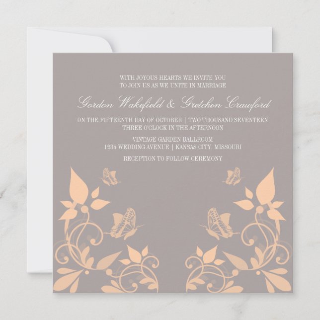 Peach Butterfly Convite de casamento Floral (Frente)