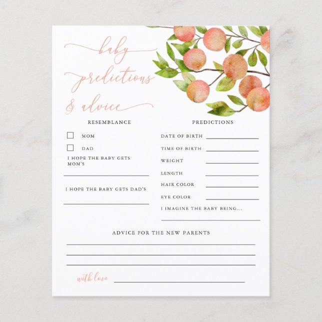Peach Chá Baby Predictions and Advice Card (Frente)