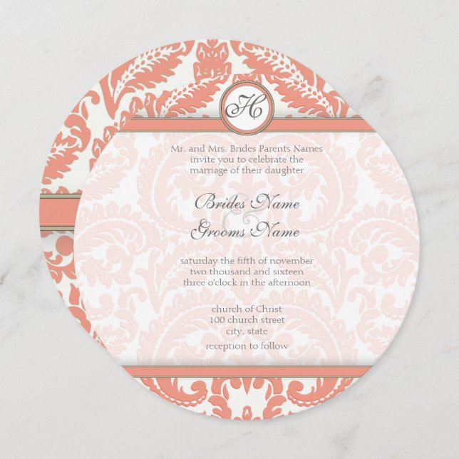 PEACH Cinza convites para Casamentos tema damasco  (Frente/Verso)