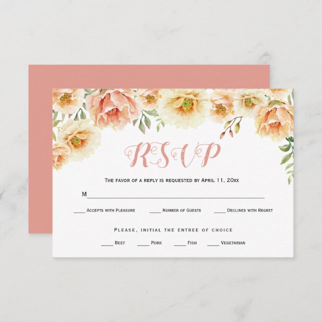 Peach coral aquarela flores casamento RSVP (Frente/Verso)