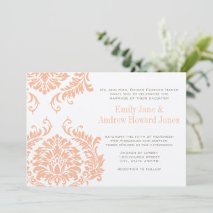 Peach Coral e Convite para Casamento tema damasco
