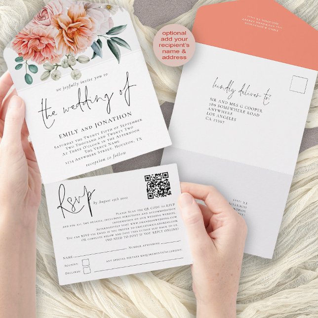Peach Coral Peonies Florals Coral Código QR Casame (Convenient all in one invitation rsvp with optional recipient name and address)