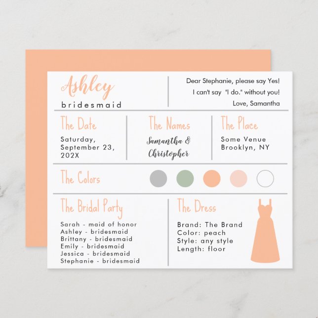 Peach Dress Color Bridesmaid Information Card (Frente/Verso)