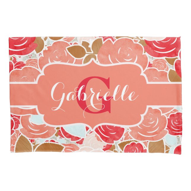 Peach e Rosas de Aquarela Dourada Monograma Floral (Frente-Esquerda)
