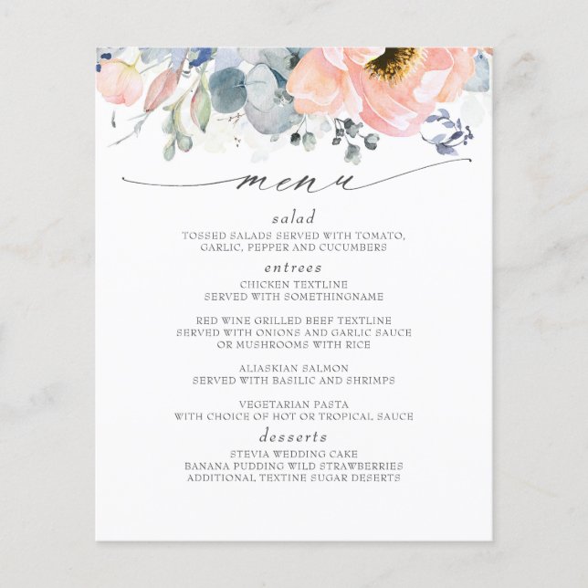 Peach Floral Dusty Blue Wedding Menu (Frente)