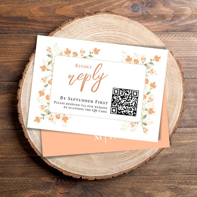 Peach Floral Elegant Wedding RSVP (Simple Wedding reply card with a peach floral background and QR code template.)