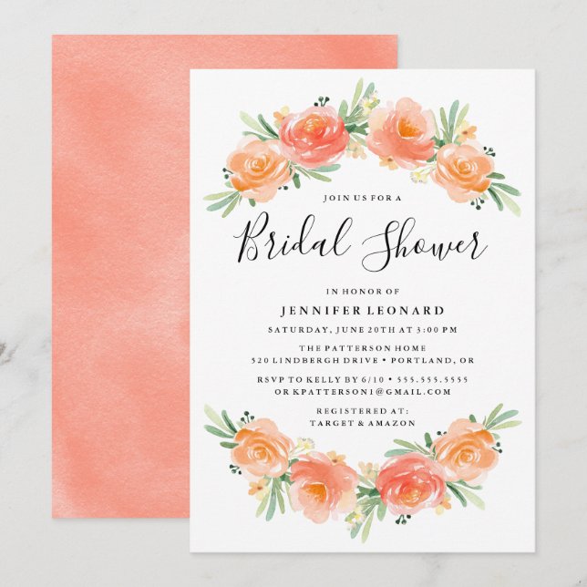 Peach Floral Garden | Convite para Chá de Noiva (Frente/Verso)