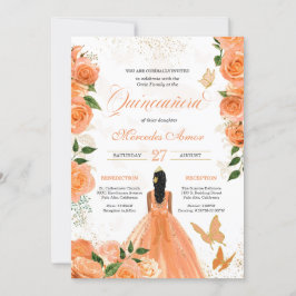 Peach Floral Rosa Butterfly Quinceanera Convite