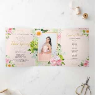 Peach Floral Triplo Quinceanera Convite