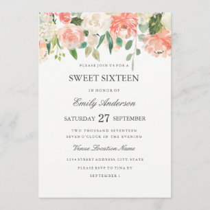Peach Floral Watercolor Doce 16 Convite