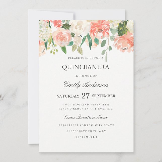 Peach Floral Watercolor Quinceanera Convite (Frente)