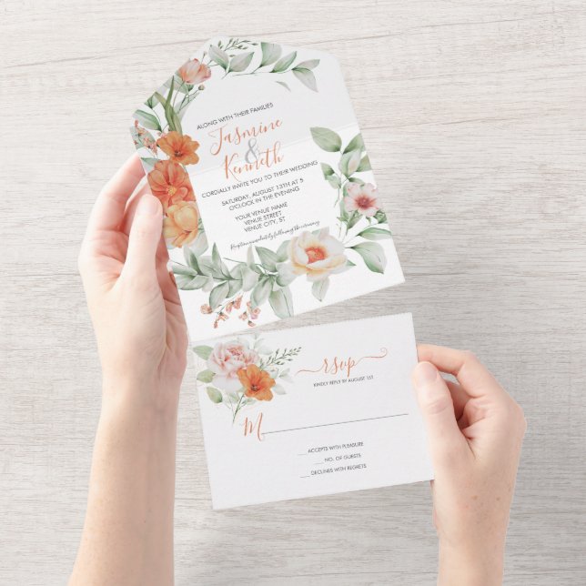 Peach Floral Weding All In One Convite (Tearaway)