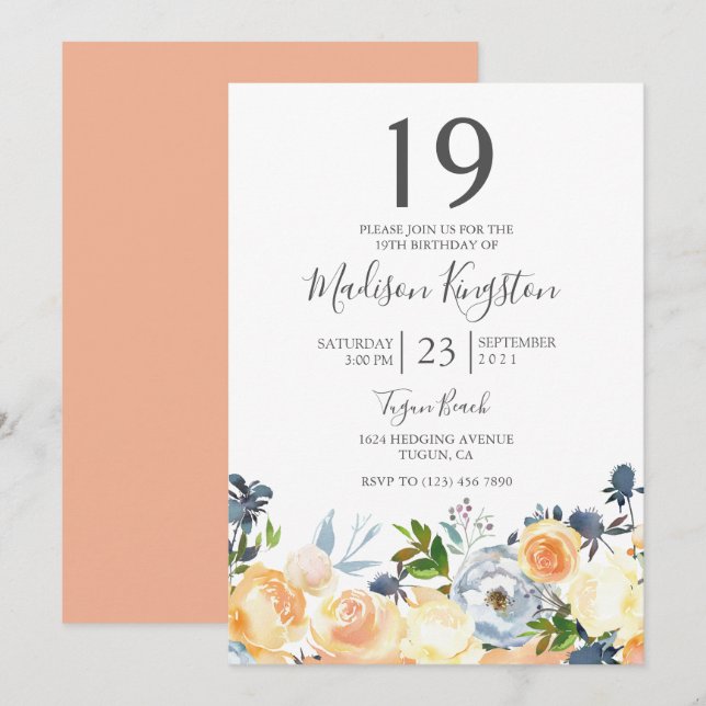 Peach Flowers Bonito 19º Convite para Festas de an (Frente/Verso)