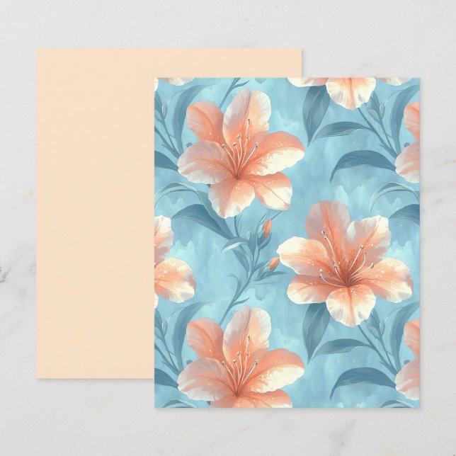 Peach Hibiscus Floral on Soft Blue Scrapbook Paper (Frente/Verso)