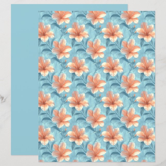 Peach Hibiscus Floral Scrapbook Paper (Frente/Verso)