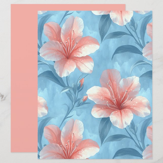 Peach Hibiscus Floral Scrapbook Paper (Frente/Verso)