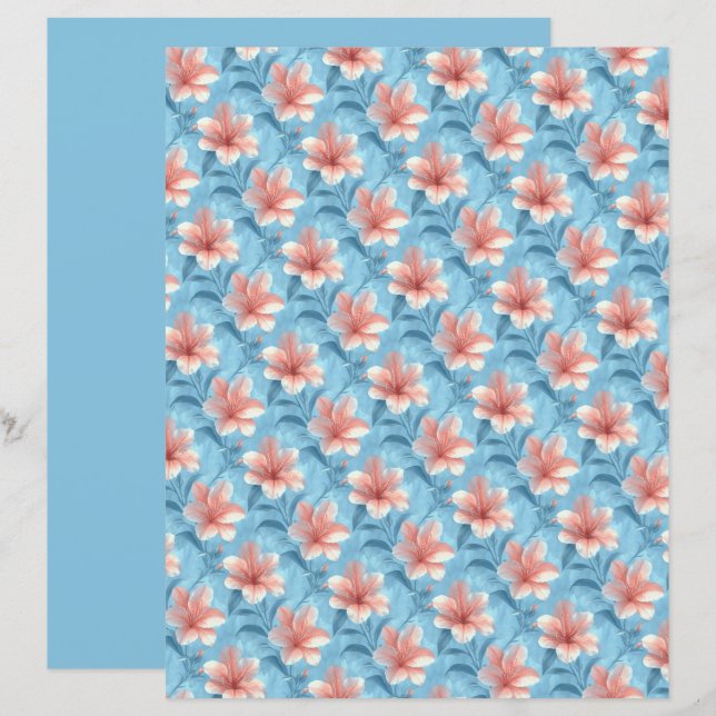 Peach Hibiscus Floral Scrapbook Paper (Frente/Verso)