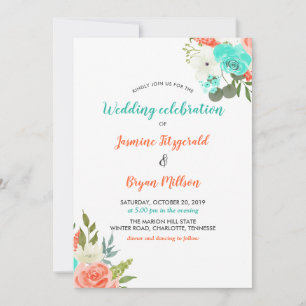 Peach Mint Watercolor Floral   Convite De Casament