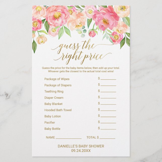 Peach & Pink Peony Baby Scramble & Price Game (Frente)
