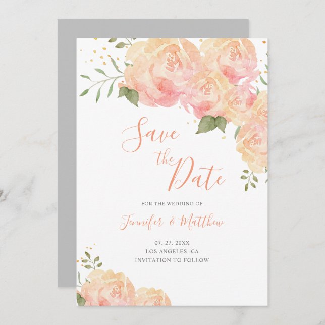 Peach Rosa Floral Wedding Salvar Cartão de Data (Frente/Verso)