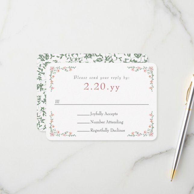 Peach Rose Vine Border Wedding RSVP Card (Frente/Verso In Situ)