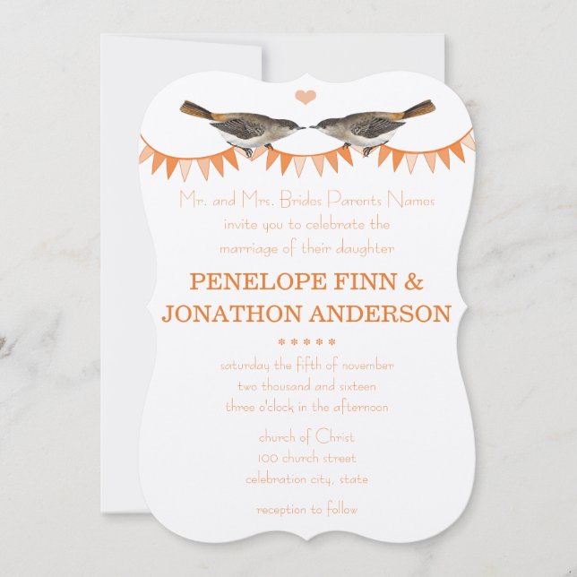 Peach Vintage Bird Bunting Convites para Casamento (Frente)