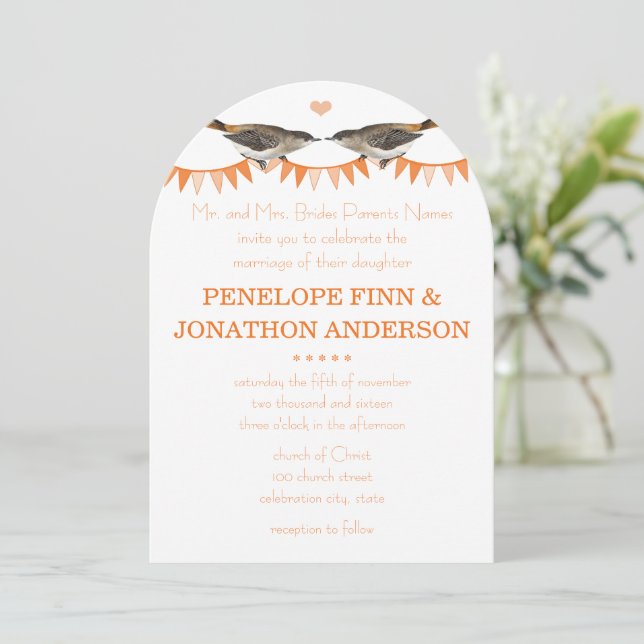 Peach Vintage Bird Bunting Convites para Casamento (Em pé/Frente)