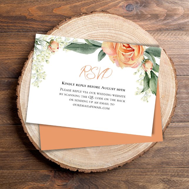 Peach Watercolor Floral QR Code RSVP (Wedding RSVP reply card with elegant watercolor peach floral. )