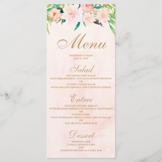 Peach Watercolor & Floral Wedcard Menu (Frente)