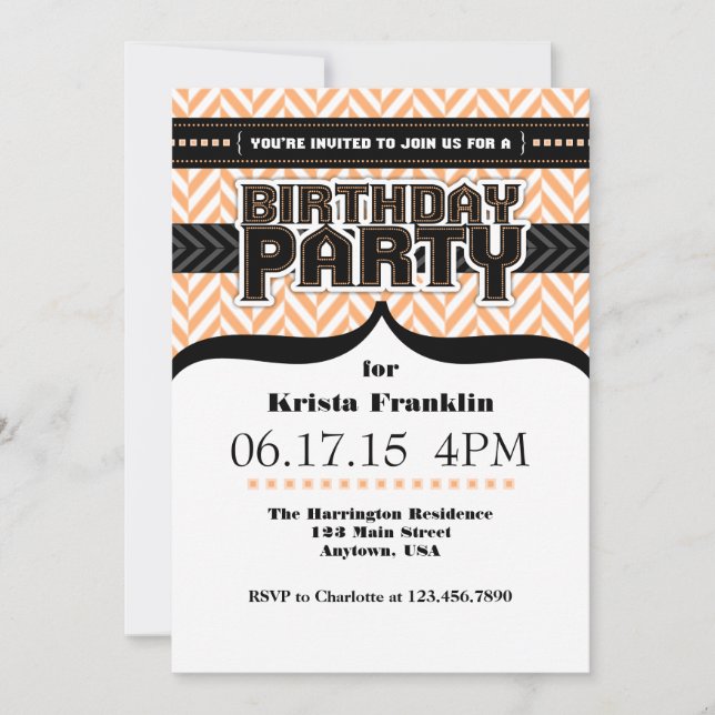 Peach White Black Herringbone Birthday Convite (Frente)