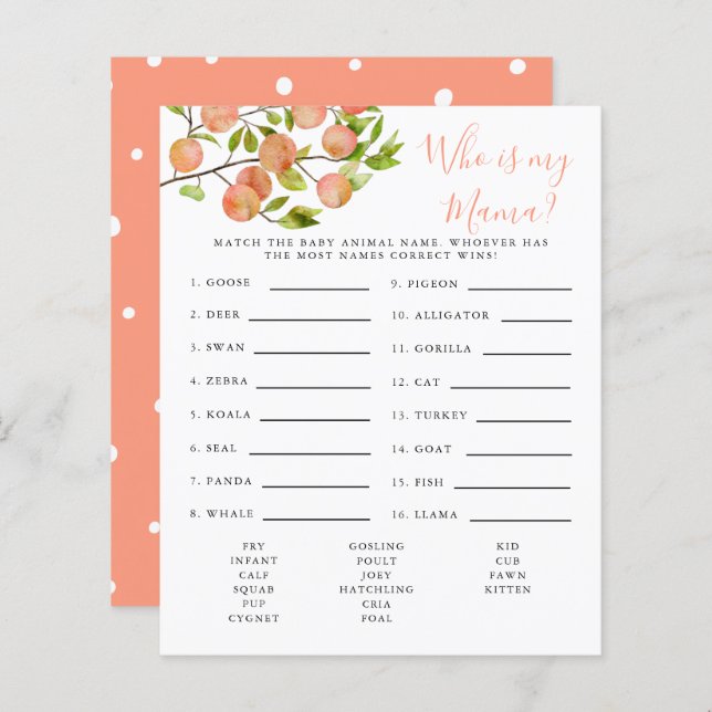 Peach Who Is My Mama Chá de fraldas Game (Frente/Verso)