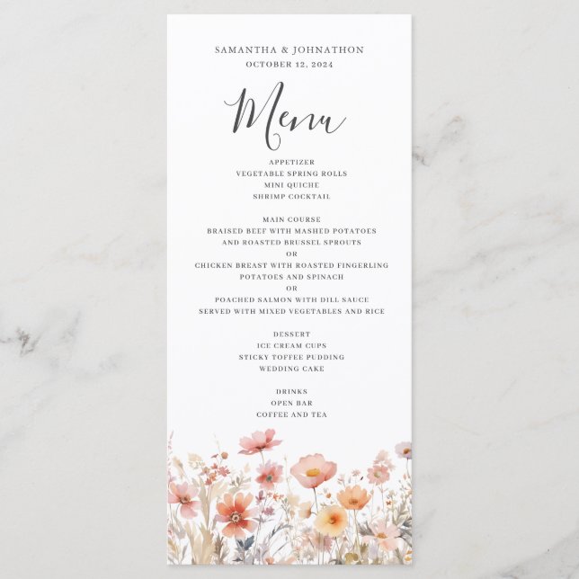 Peach Wildflower Floral Wedding Menu Flat (Frente)