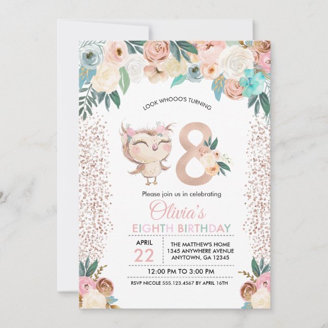 Peachy Owl Oitavo Convite de Aniversário (Frente)