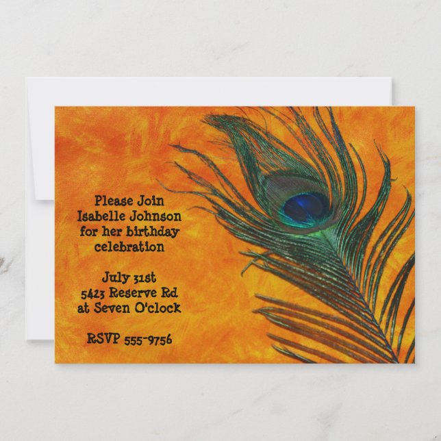 Peacock Feather com Convite de Aniversário Laranja (Frente)