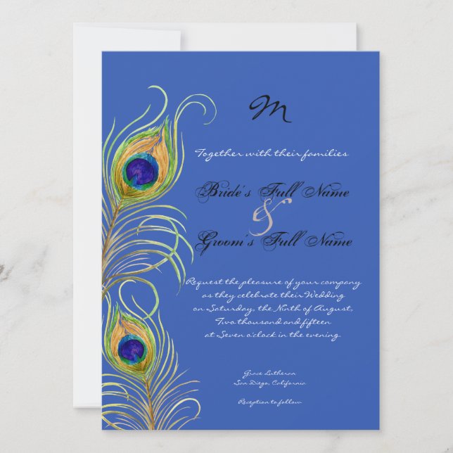 Peacock Feather Royal Cobalt Convites de casamento (Frente)