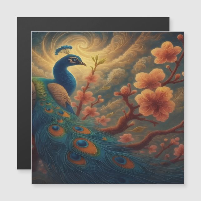 Peacock in Blossom Magnet Card (Frente/Verso)