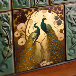 Peacock Klimt Dourado Muro Verde Arte Nouveau