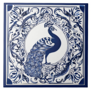 Peacock Marinho Dark Blue and White Folk Animal Ar