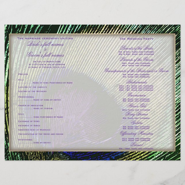 Peacock n roxo programa de casamento modelo (Frente)