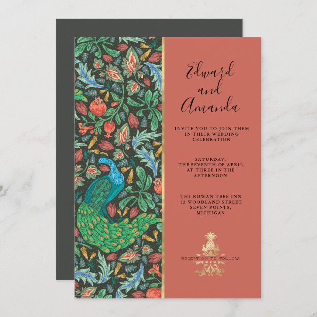 Peacock Pattern Terra Cotta Convite (Frente/Verso)