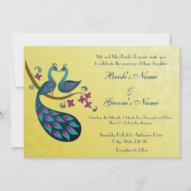 Peacock -Peahen Convite de casamento, mostarda ama (Frente)