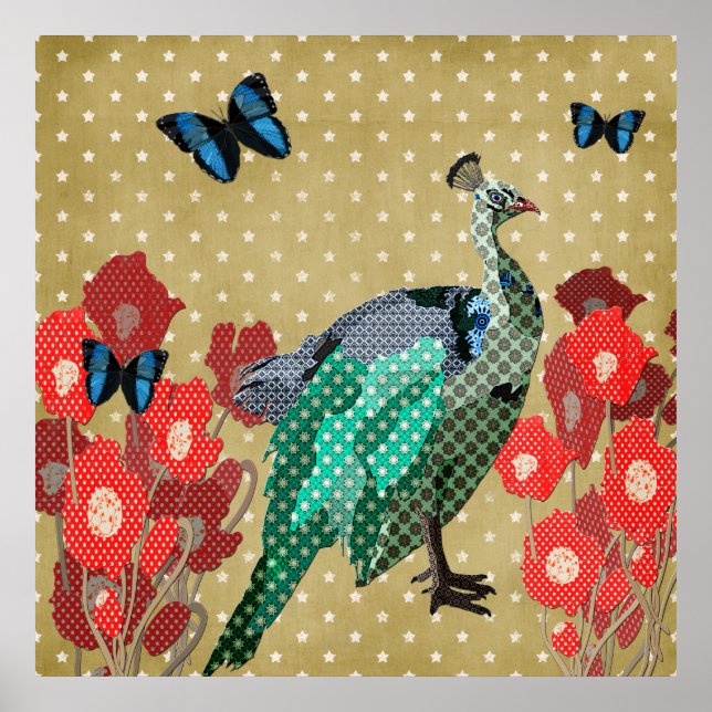 Peacock Pintado e Douradas Estrelas Poster (Frente)