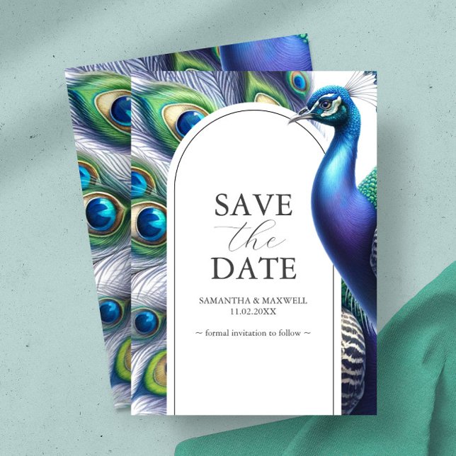 Peacock Salvar Anúncios de Casamento de Data (Save the date invitation card features peacock in shades of blue, green and purple)