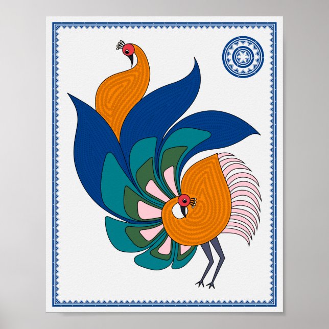 Peacock Serenity: Modern Madhubani Art Poster (Frente)