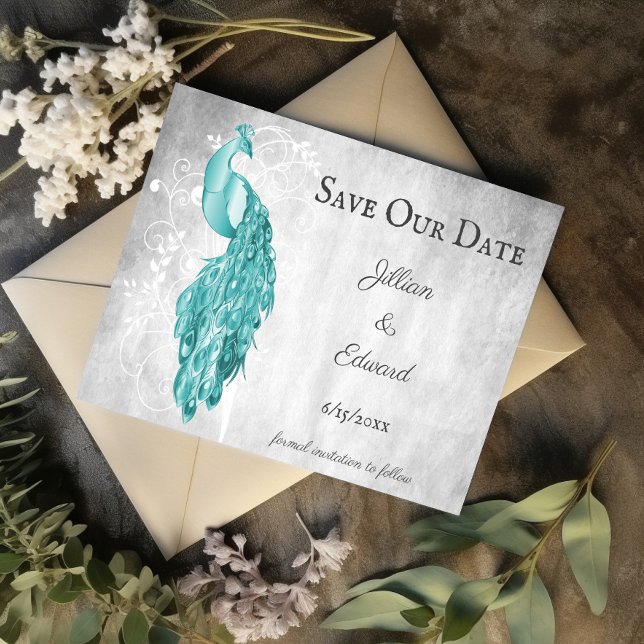 Peacock Teal Salvar O Anúncio De Data (Teal Peacock Save the Date)