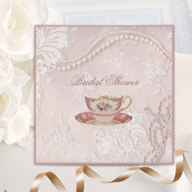 Pearl Lace cor-de-rosa penteado Convite de festas  (Pearl Blush pink lace bridal Tea Party Invitation)