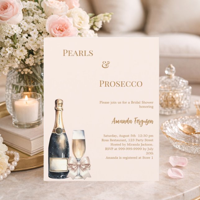 Pearls Prosecco blush bow Bridal Shower invitation (Criador carregado)